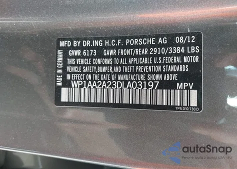 2013 Porsche Cayenne z USA, uszkodzony, nr VIN WP1AA2A23DLA03197